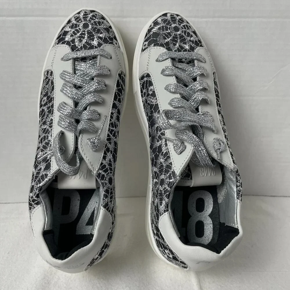 P448 Thea White/Black/Silver Embroidered Flower Low Top Sneakers - Picture 6 of 9
